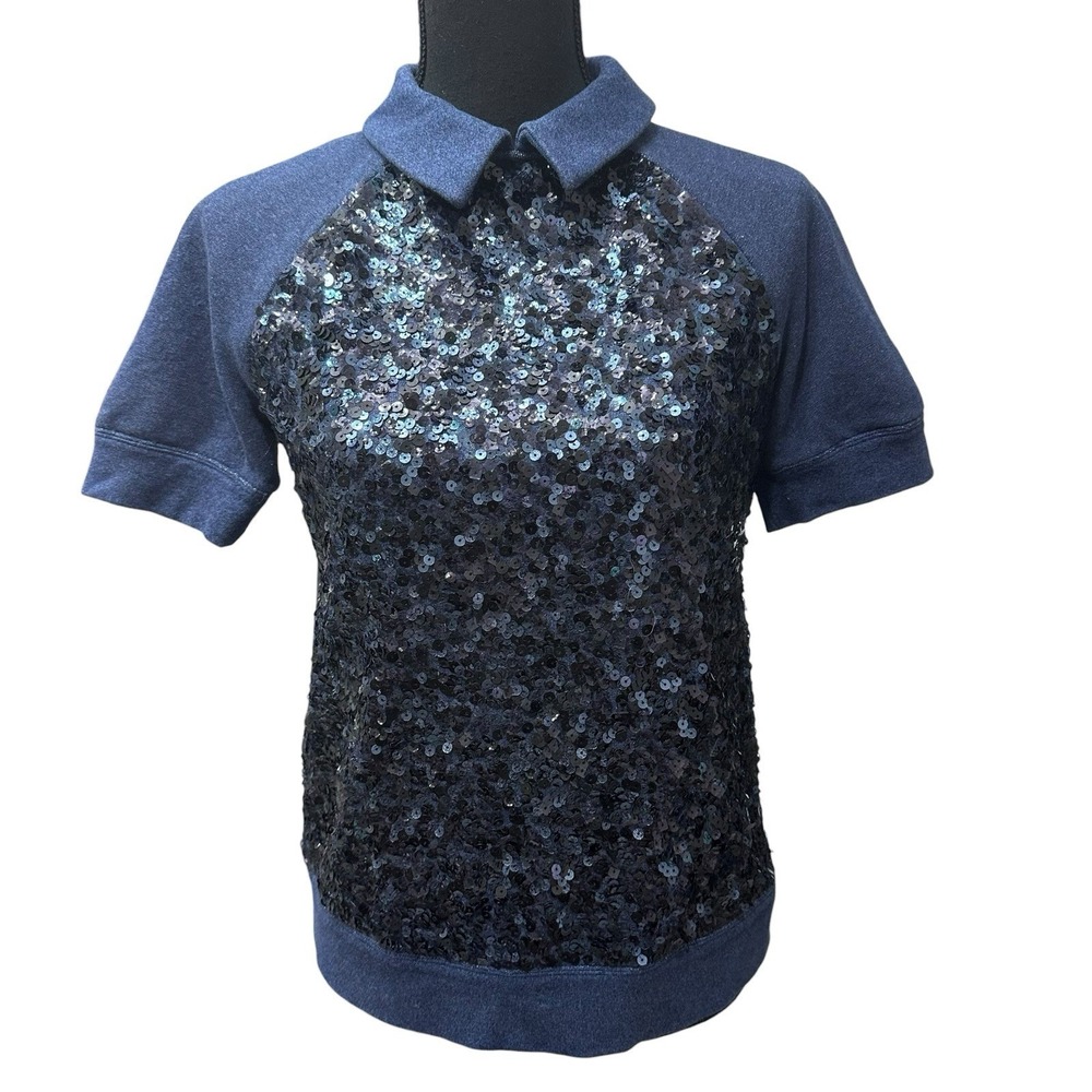 Kate Spade Milo Sequins Short‎ Sleeve Sweatshirt T-shirt Blue Bling Size Small
